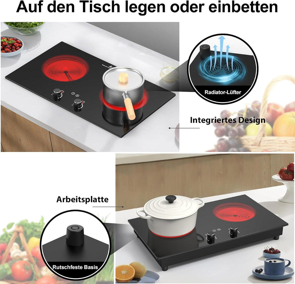 VBGK Electric Cooktop,2400W Electric Stove Top,Countertop and Built-in Hot Plate with Child Safety Lock, Timer, LED touch Knob Control,Overheat Protection,110V 2 Burner Induction Cooktop