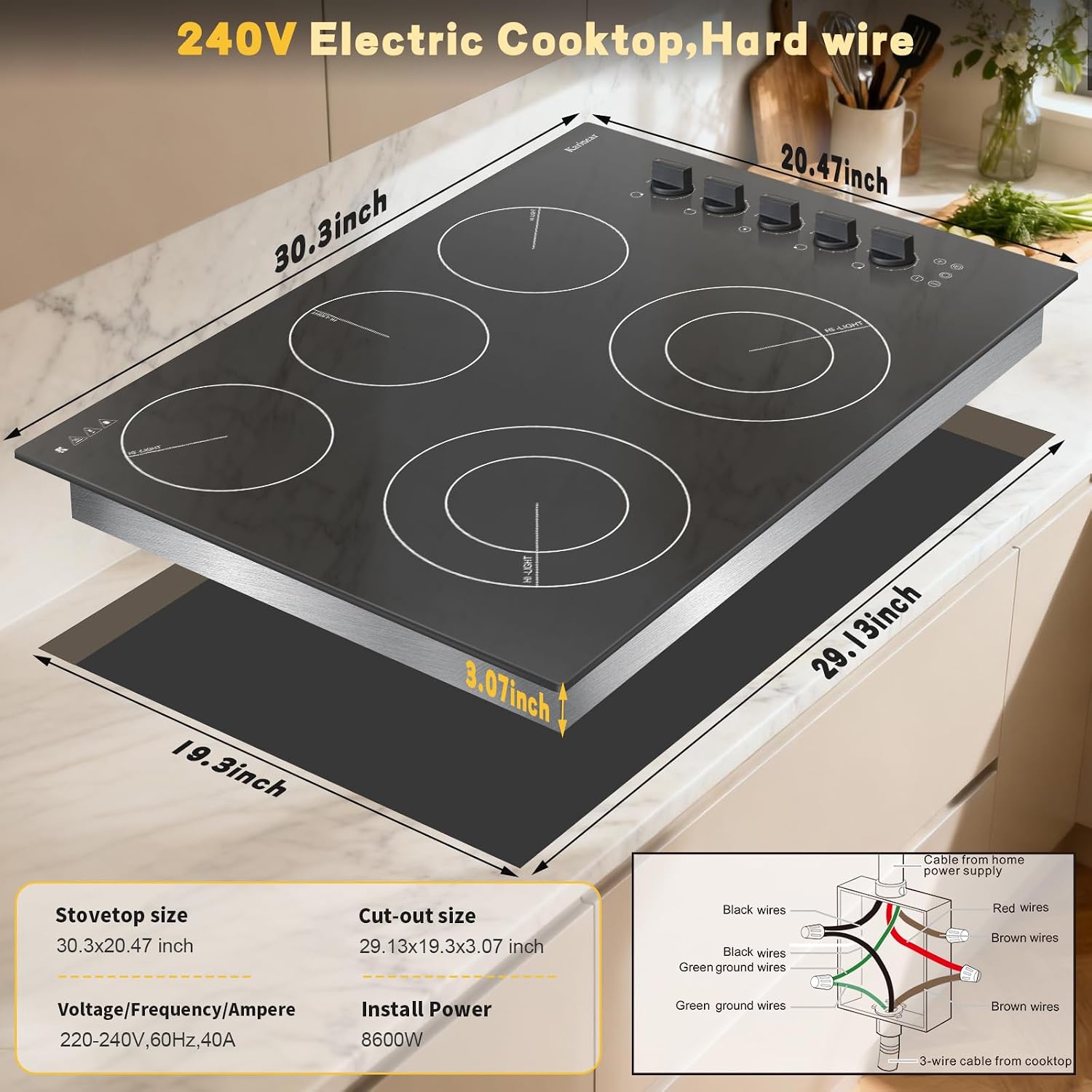Karinear 30 inch Electric Cooktop, 8600W 5 Burner Radiant Electric Stove Top, Knob & Touch Control with 9 Power Levels, Expandable Zone, Timer, Child Safety Lock, 240V Hardwired