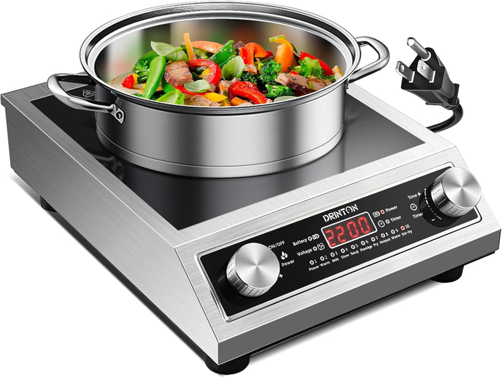 Induction Cooker, 2200W Commercial Induction Cooktop, Large Countertop Burner with 10 Cooking Functions & Dual IGBT for Safe Use, Portable Stainless Steel Hot Plate with 3 Hours Timer, 120V