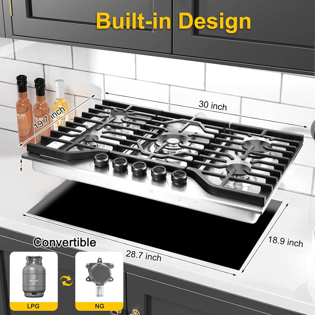 30 Inch Gas Cooktop, Built-in Propane Cooktop with 5 Italy SABAF Sealed Burners, 304 Stainless Steel, Heavy-Duty Cast Iron Grates, NG/LPG Convertible, Ion Ignition, ETL Listed