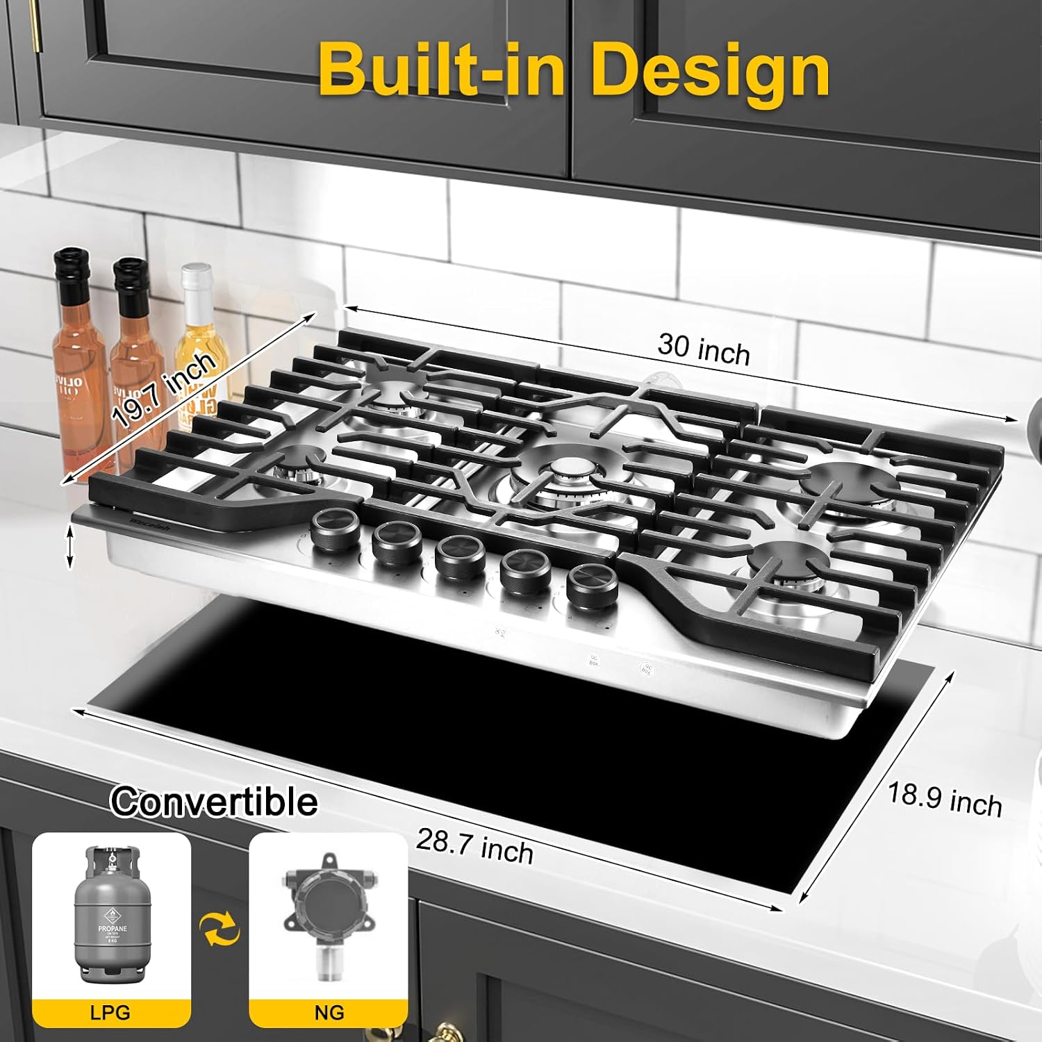 30 Inch Gas Cooktop, Built-in Propane Cooktop with 5 Italy SABAF Sealed Burners, 304 Stainless Steel, Heavy-Duty Cast Iron Grates, NG/LPG Convertible, Ion Ignition, ETL Listed