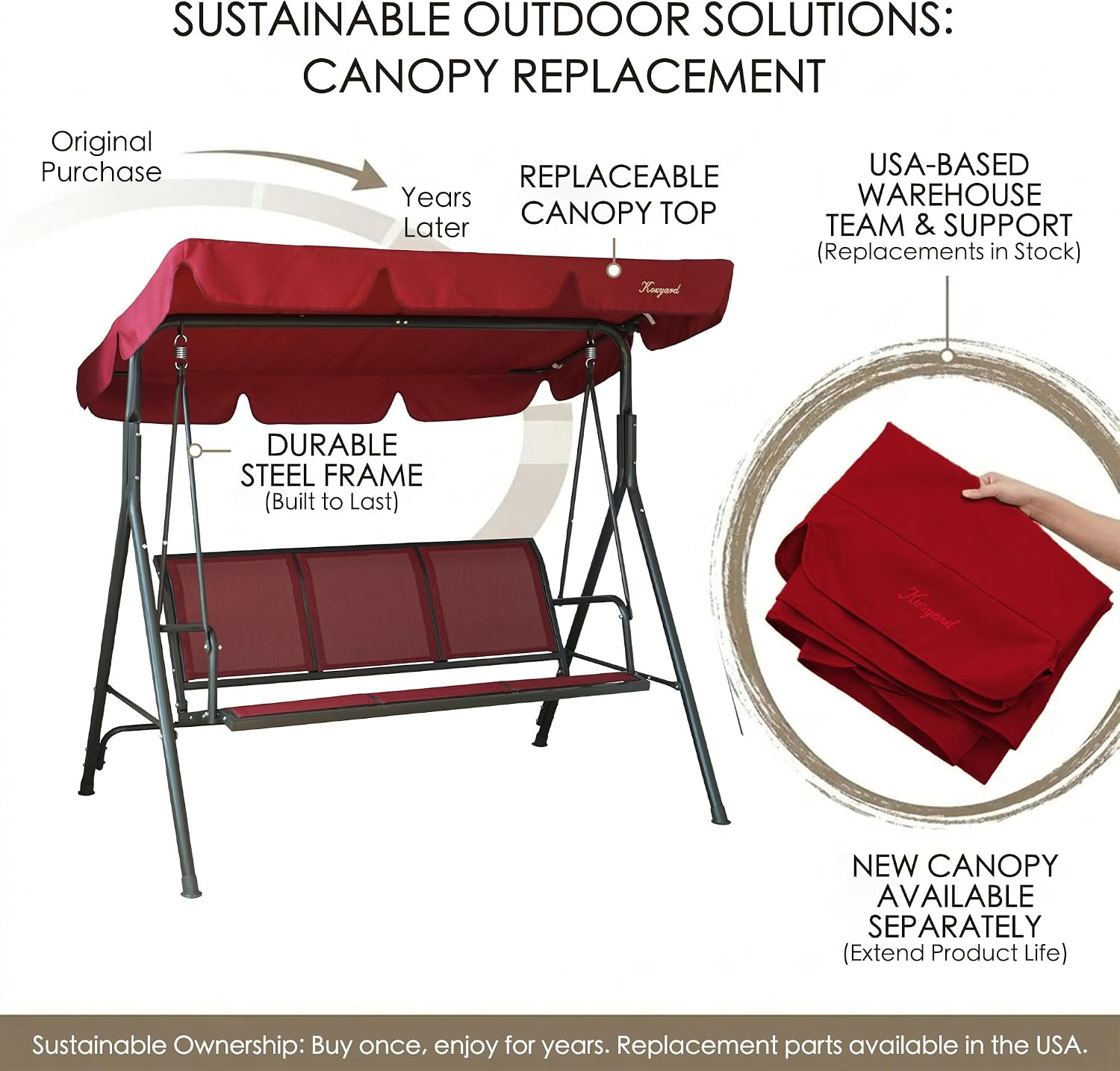 Kozyard 3-Person Outdoor Canopy Porch Swing Chair, Breathable Textilene Armrest Seat, Adjustable Shade, Heavy-Duty Powder-Coated Steel Frame Swing for Patio, Backyard, Poolside & Balcony Burgundy