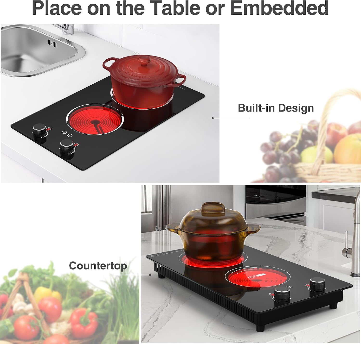 GIHETKUT Electric Cooktop,110V 2100W Electric Stove Top with Knob Control, 10 Power Levels, Kids Lock & Timer, Hot Surface Indicator, Overheat Protection,Built-in Radiant Double induction cooktop