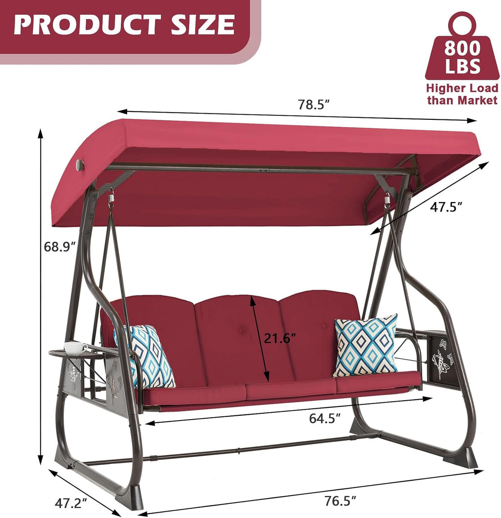 ZZW 3-Seat Patio Porch Swing 800LBS Outdoor Swing with Stand w/Canopy & Adjustable Backrest Patio Glider Chair w/Removable Pillows & Foldable Side Tray for Balcony Garden Deck (Wine Red)