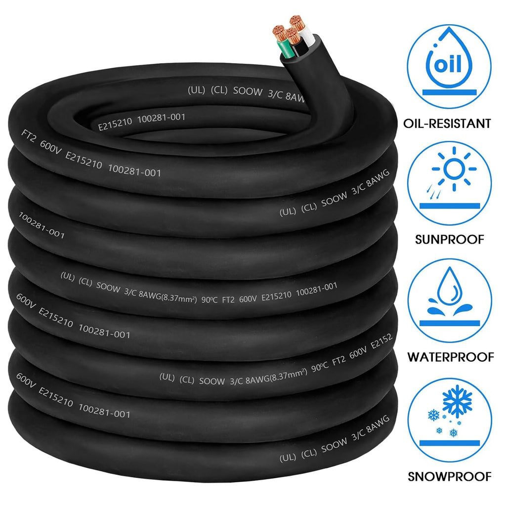 50ft 8/3 Wire 8 Gauge SOOW Wire 8 AWG 8/3 Electric SOOW Portable Power Cable 8 Gauge 3 Conductor Bulk Cable Extension Cord for 35A Generator,Welder,Circuits,Portable Light,Data Centers,Motor Lead