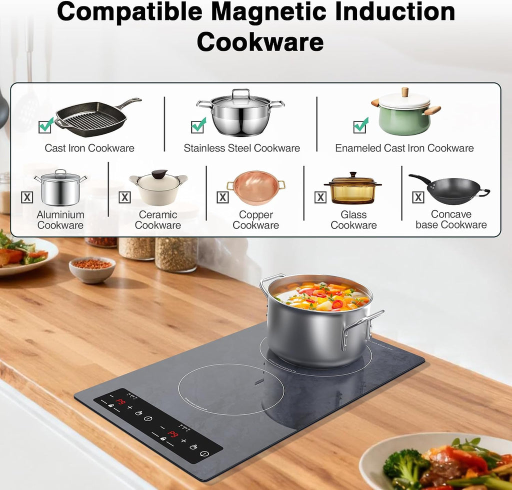 Double Induction Cooktop Portable Electric Cooktop 12 Inch, 110V Induction Burner Hot Plate with Safety Lock, Auto Shutoff Timer Setting, 9 Heating Level and Overheating Protection
