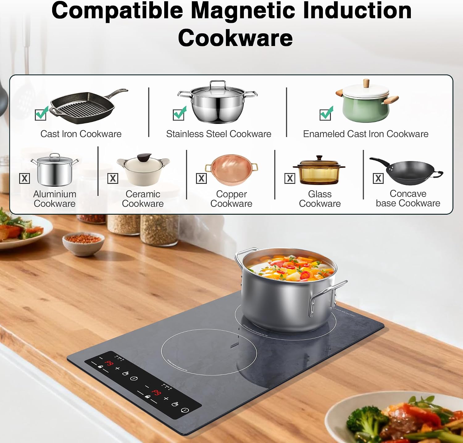Double Induction Cooktop Portable Electric Cooktop 12 Inch, 110V Induction Burner Hot Plate with Safety Lock, Auto Shutoff Timer Setting, 9 Heating Level and Overheating Protection