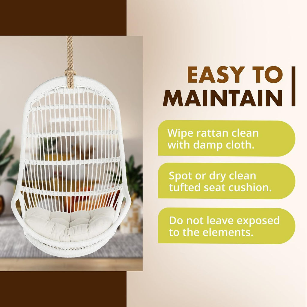 KOUBOO Hanging Rattan Swing Chair with Seat Cushion, Handwoven Natural Rattan Chair, Coastal Home Decor Furniture for Bedroom, Living Room, & Sun Room, White