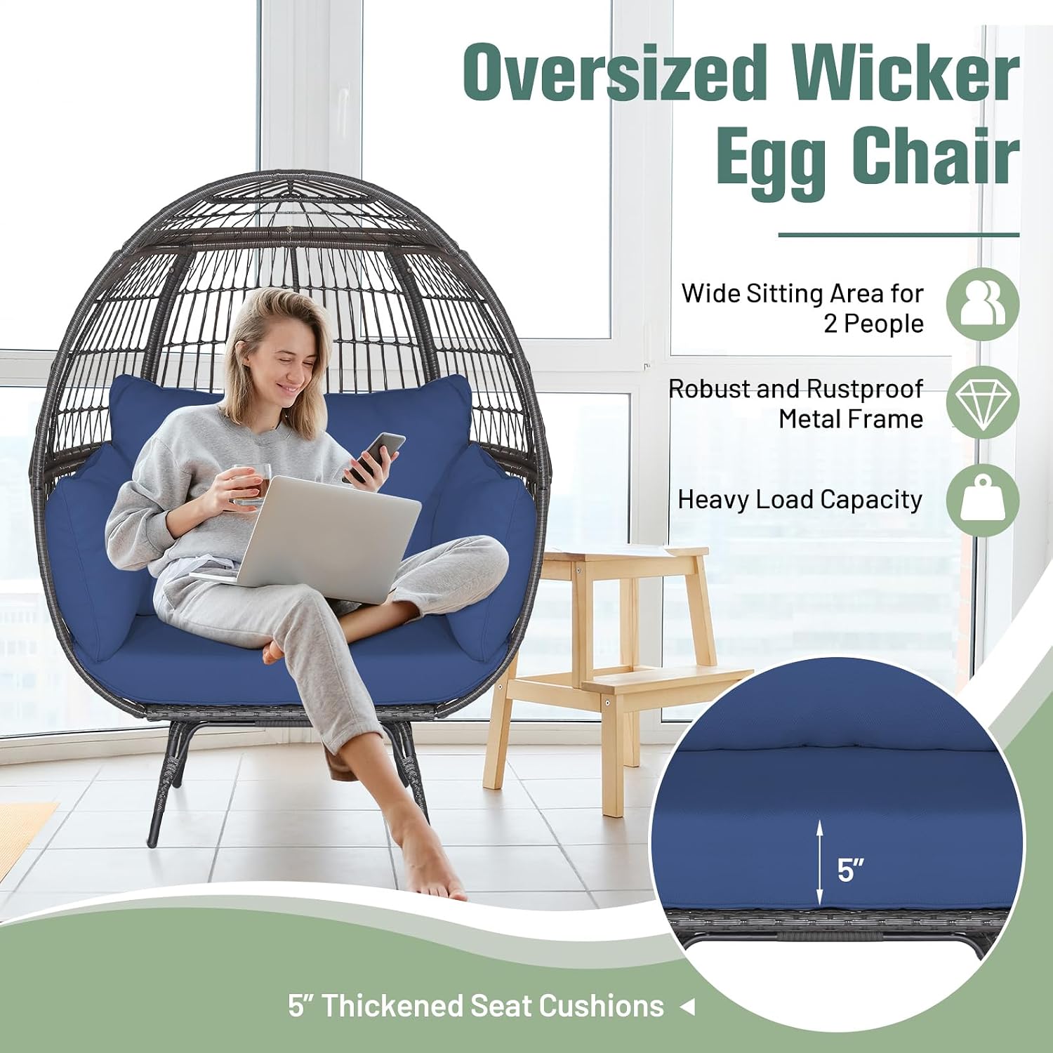 Tangkula PE Wicker Egg Chair, Patiojoy Oversized Indoor Outdoor Patio Lounge Chair with Cushions and Pillows, Steel Frame Basket Chair for Garden, Deck, Balcony, Living Room (Navy)