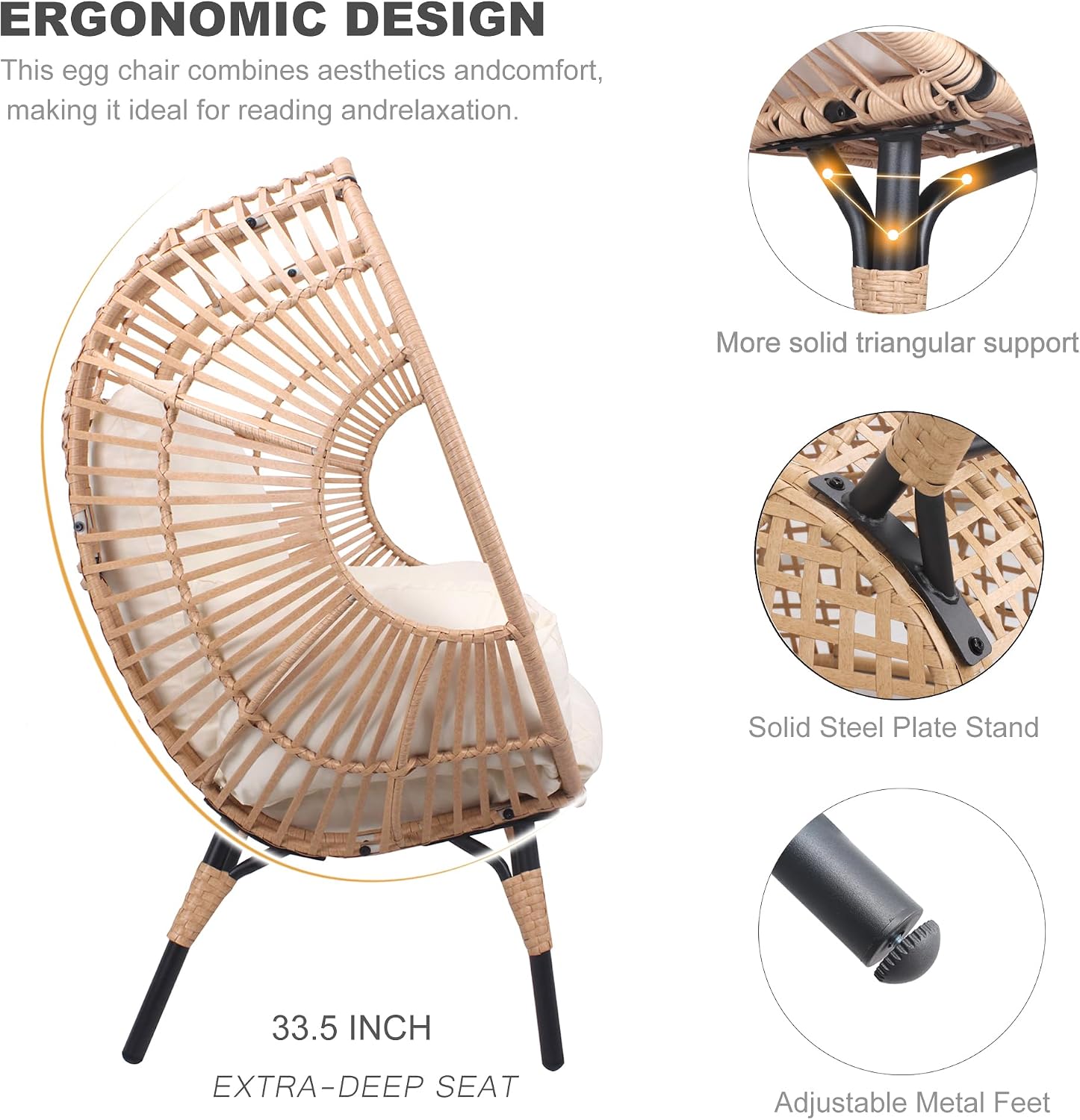Oversized Wicker Egg-Chair Outdoor Indoor Rattan Patio Egg Lounge Chairs with Cushion 500lbs Capacity for Living Room, Balcony, Backyard(Beige)