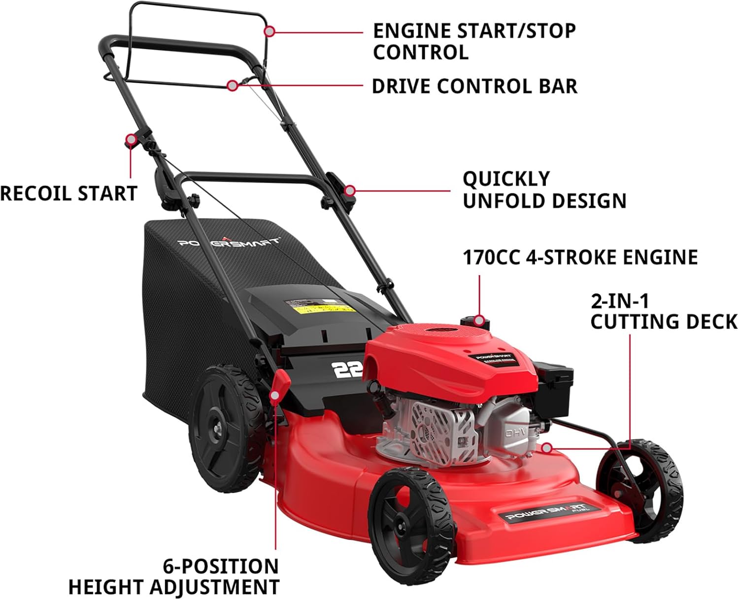 PowerSmart Self Propelled Gas Lawn Mower, 22 in. with 170cc OHV Engine, 2-in-1 Rear-Wheel Drive High Wheels, Red