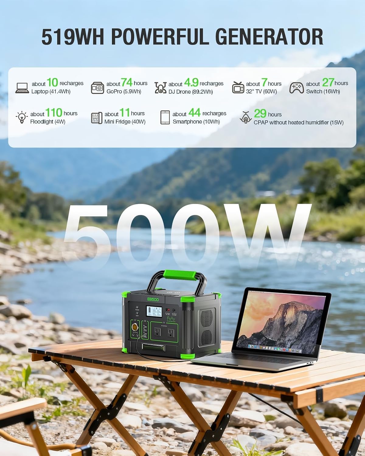 500W Portable Power Station, Solar Generator 519Wh (Peak 1000W) Lithium Battery Power Generator with 2 * 110V AC Outlets, Mobile Battery Backup Pack for RV Trip Camping, Outdoor Adventure, Home
