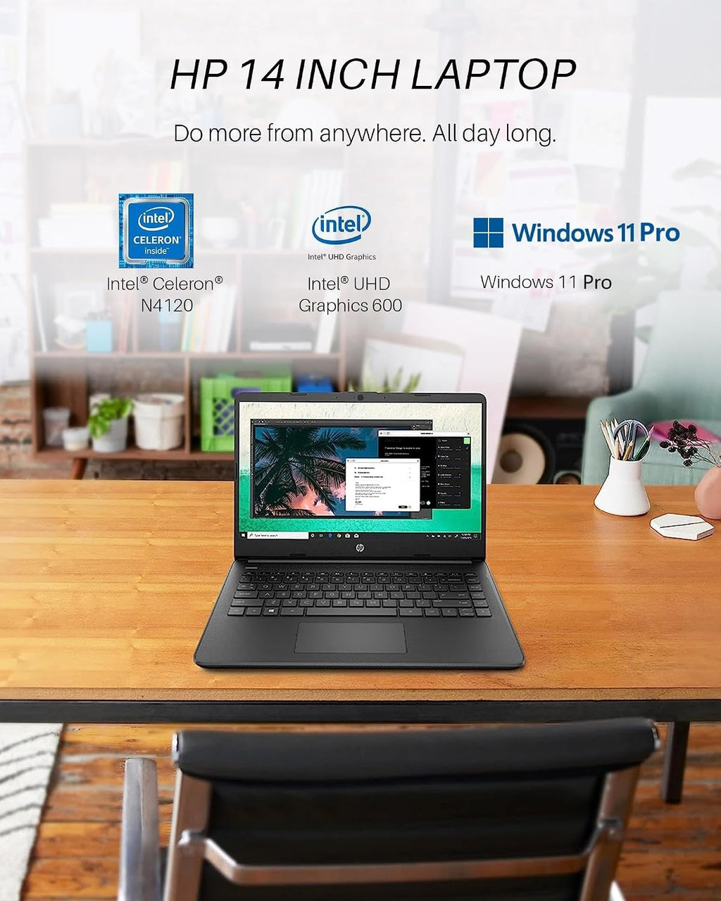 HP 14 inch Laptop Student Business, Intel Celeron CPU, 16GB RAM, 384GB Storage(128GB eMMC+256GB MSD), 1 Year Office 365, Intel UHD Graphics, Portable and Lightweight, Windows 11 Pro, W/Mouse