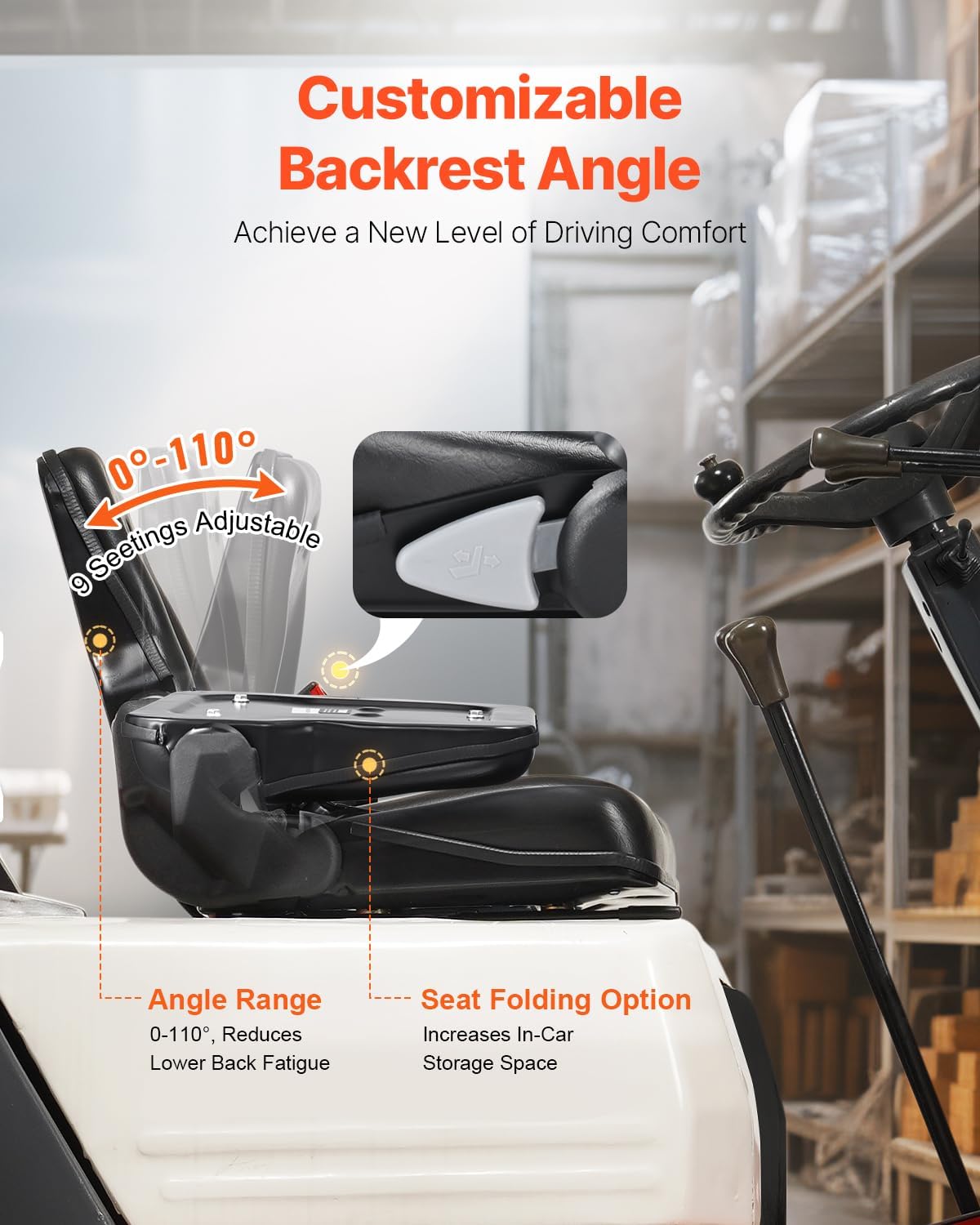 VEVOR Universal Forklift Seat, Tractor Seat with Adjustable Backrest & Safety Belt, Secure Micro Switch Design, Wear-Resistant PVC Mower Seat for Tractor Excavator, Skid Loader
