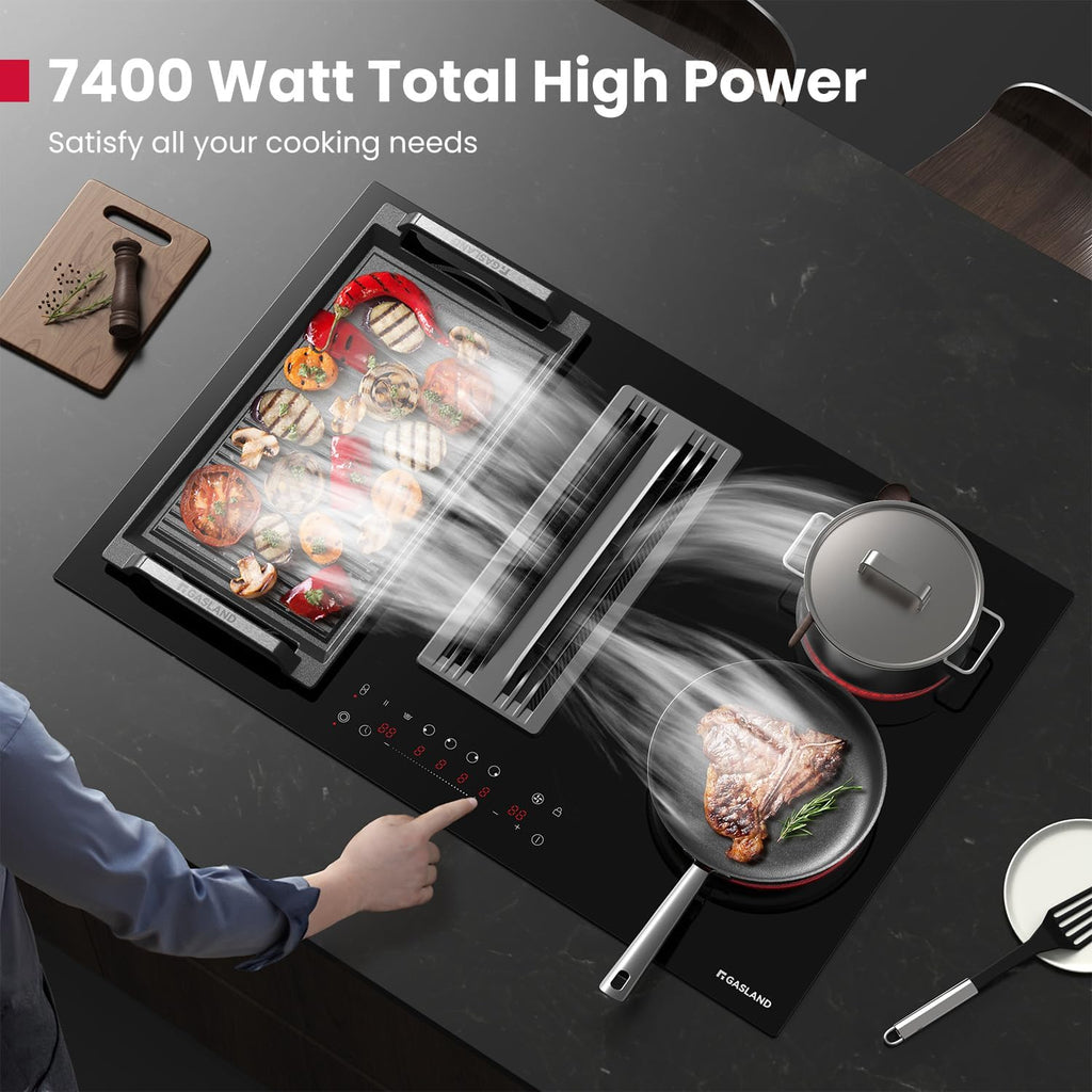 GASLAND Electric Cooktop with Downdraft 31.5 Inch(80cm), 4 Burners Glass Radiant Stovetop 220V, 3-speed Max. 330 CFM Downdraft Exhaust