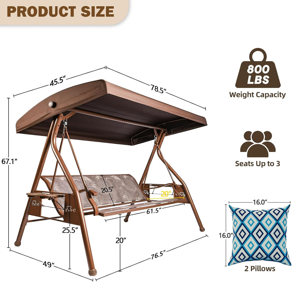 ZZW 3 Person Patio Swing Outdoor Swing for Adults with Adjustable Canopy &Upgraded Cup Holders Textilene Fabric Porch Swing Chair with Stand Heavy Duty 800 LBS