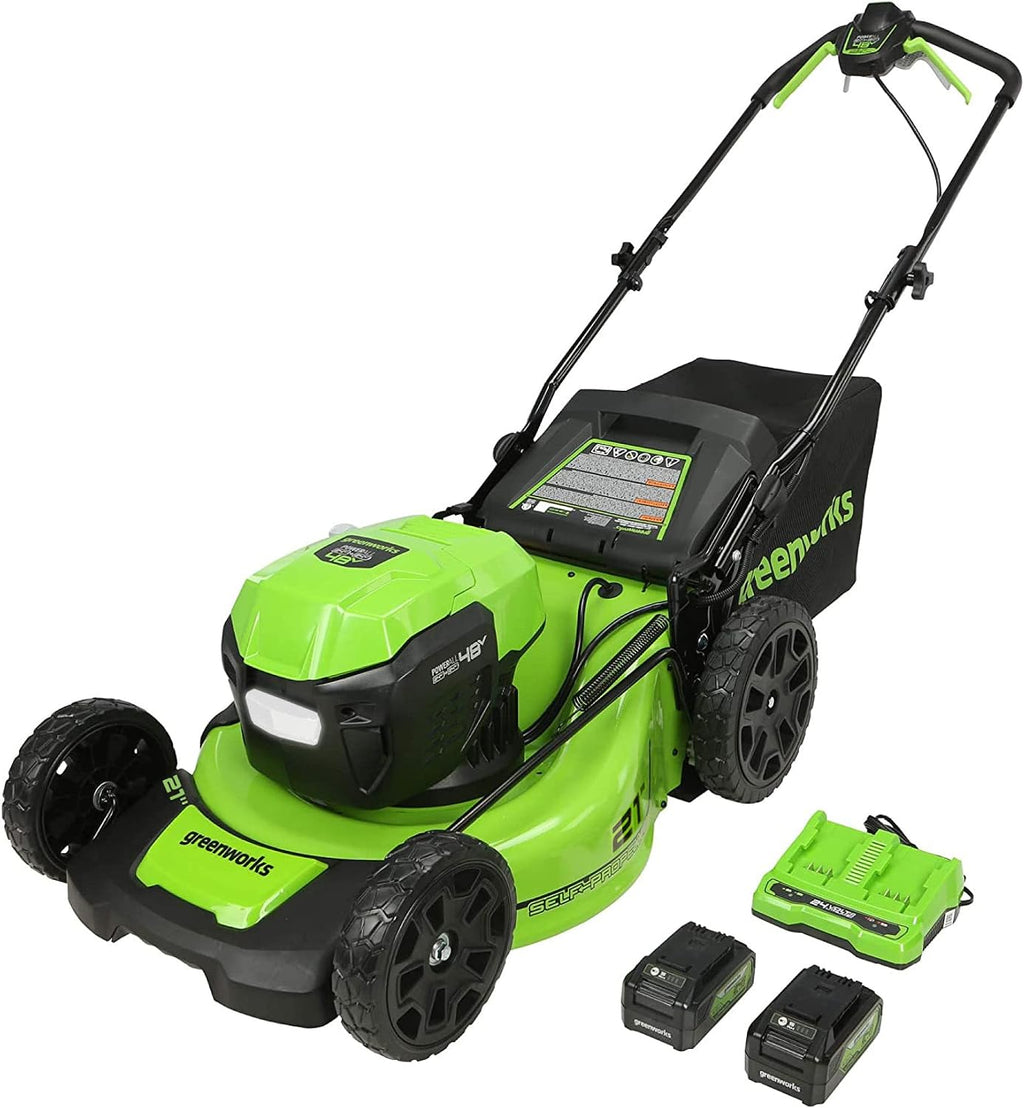 Greenworks 48V (24V x 2) 21' Brushless Cordless (Self-Propelled) Lawn Mower (LED Headlight), (2) 5.0Ah Batteries and Dual Port Rapid Charger Included (200+ Compatible Tools)