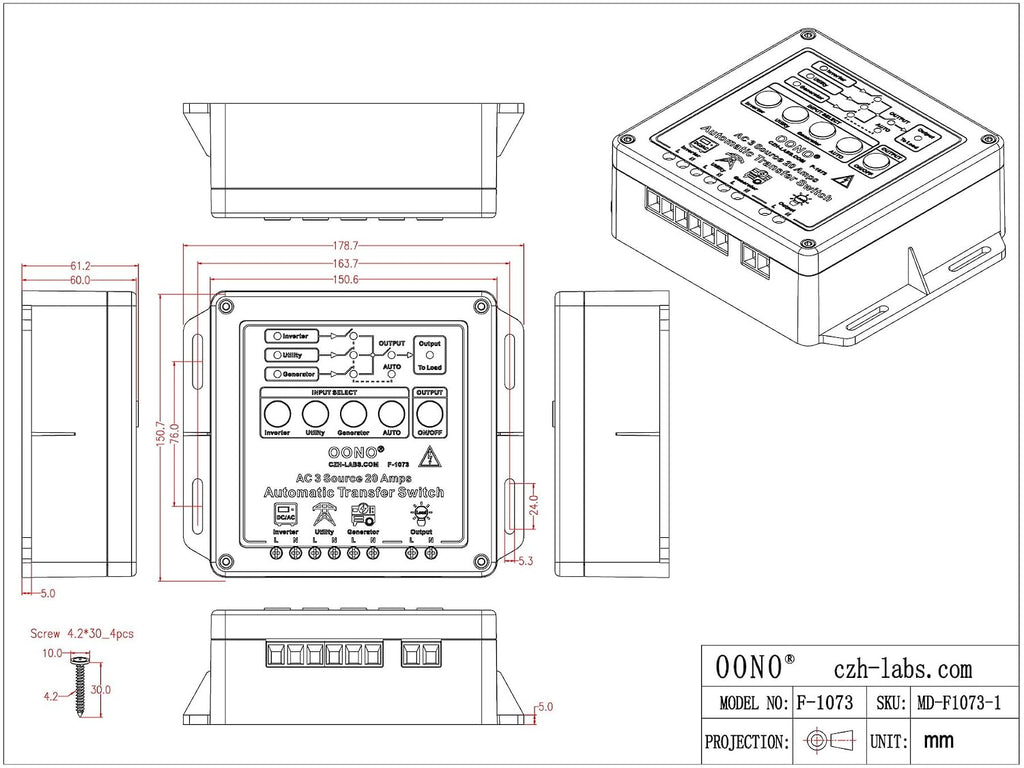 Manual and Automatic Transfer Switch, 3 Input 1 Output, AC230V 20Amp, ATS Auto Transfer Switch. OONO F-1073 (AC230V)