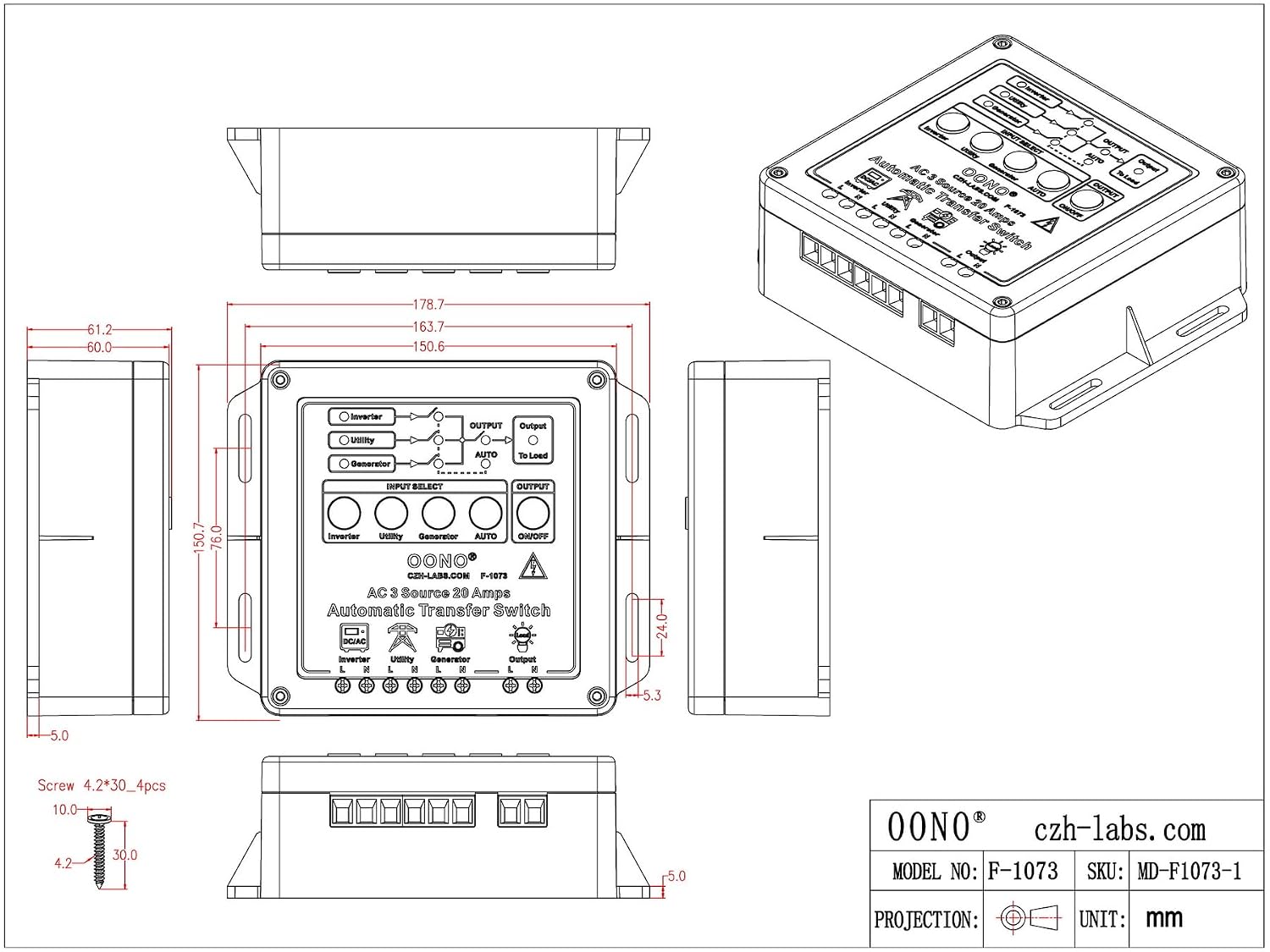 Manual and Automatic Transfer Switch, 3 Input 1 Output, AC230V 20Amp, ATS Auto Transfer Switch. OONO F-1073 (AC230V)