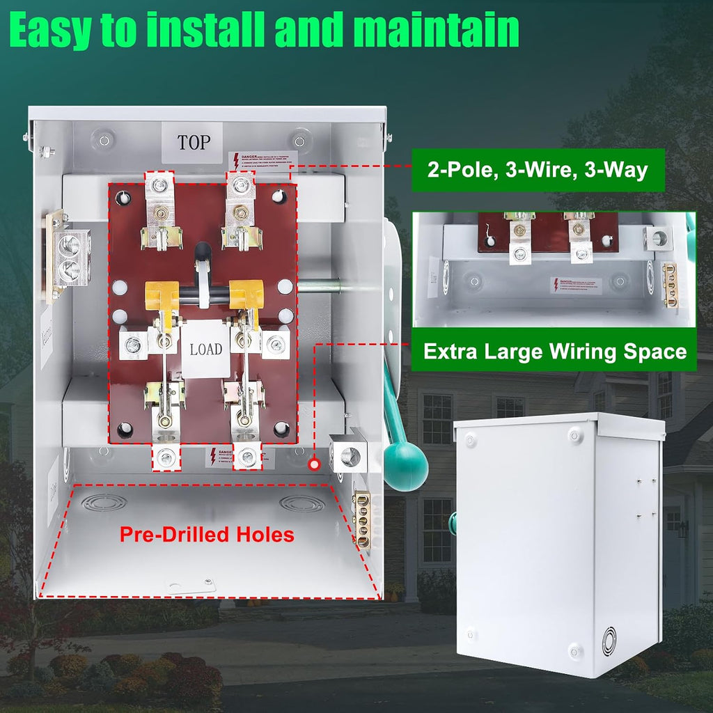 200A Generator Transfer Switch General Duty Double-Throw Safety Switch 48000W, 120/240-Volt 200 Amps Manual Transfer Switch Compact Design NEMA 3R Rainproof Non-fusible Two-Pole Three-Wire