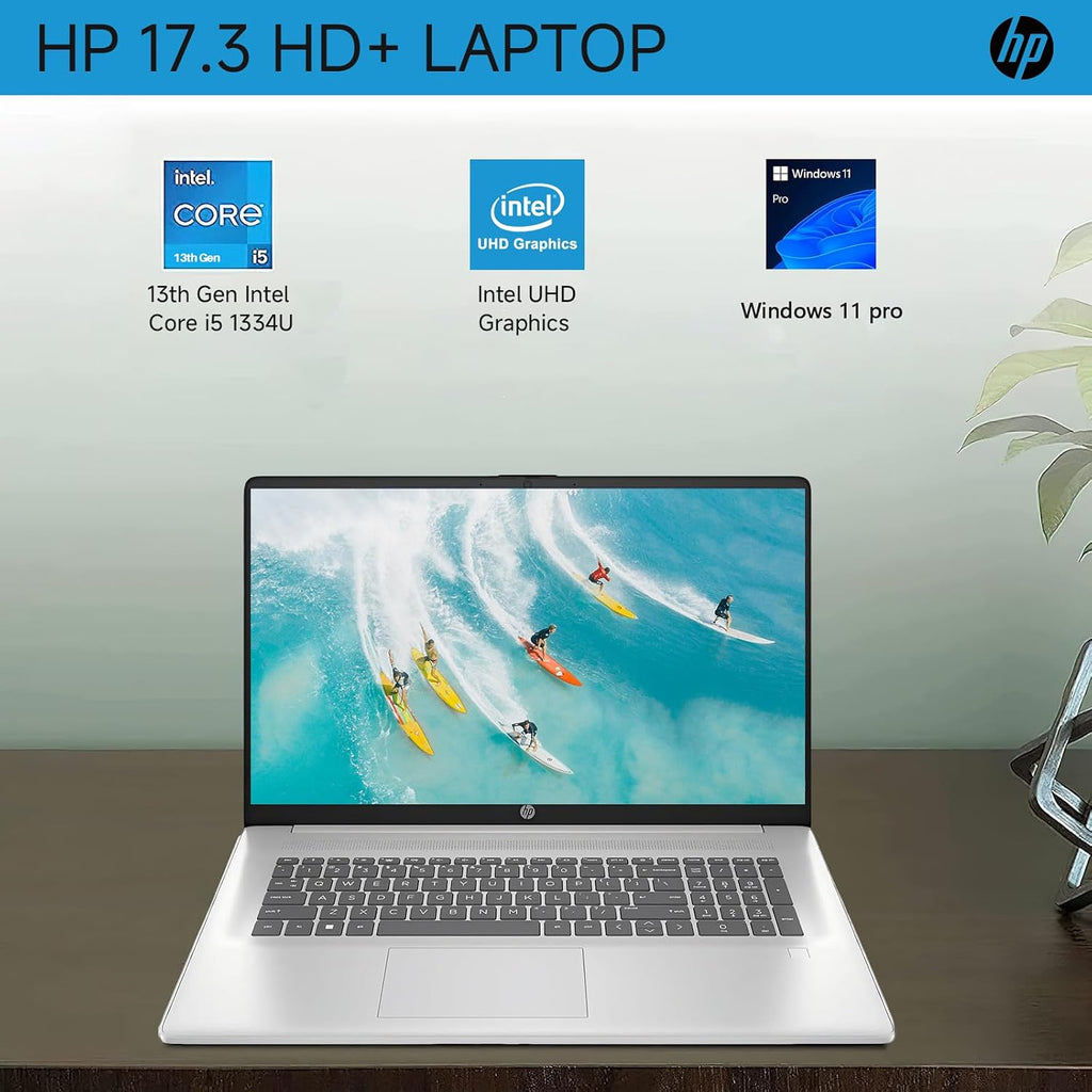 HP 17 Inch Laptop, 17.3' HD+ Display, Intel i5-1334U (10 Cores, Up to 4.6 GHz), 32 GB RAM, 1 TB SSD, Backlit Keyboard, Fingerprint Reader, Wi-Fi 6, HD Webcam, Windows 11 Pro for Business and Students