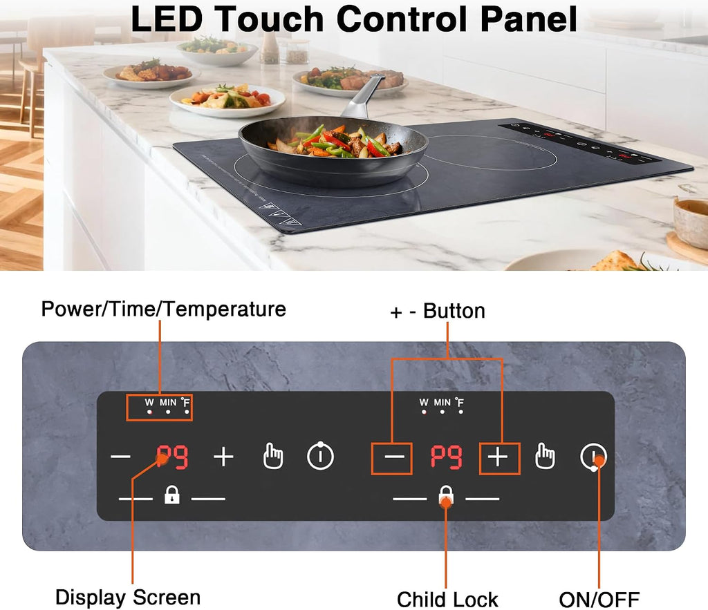 Double Induction Cooktop Portable Electric Cooktop 12 Inch, 110V Induction Burner Hot Plate with Safety Lock, Auto Shutoff Timer Setting, 9 Heating Level and Overheating Protection