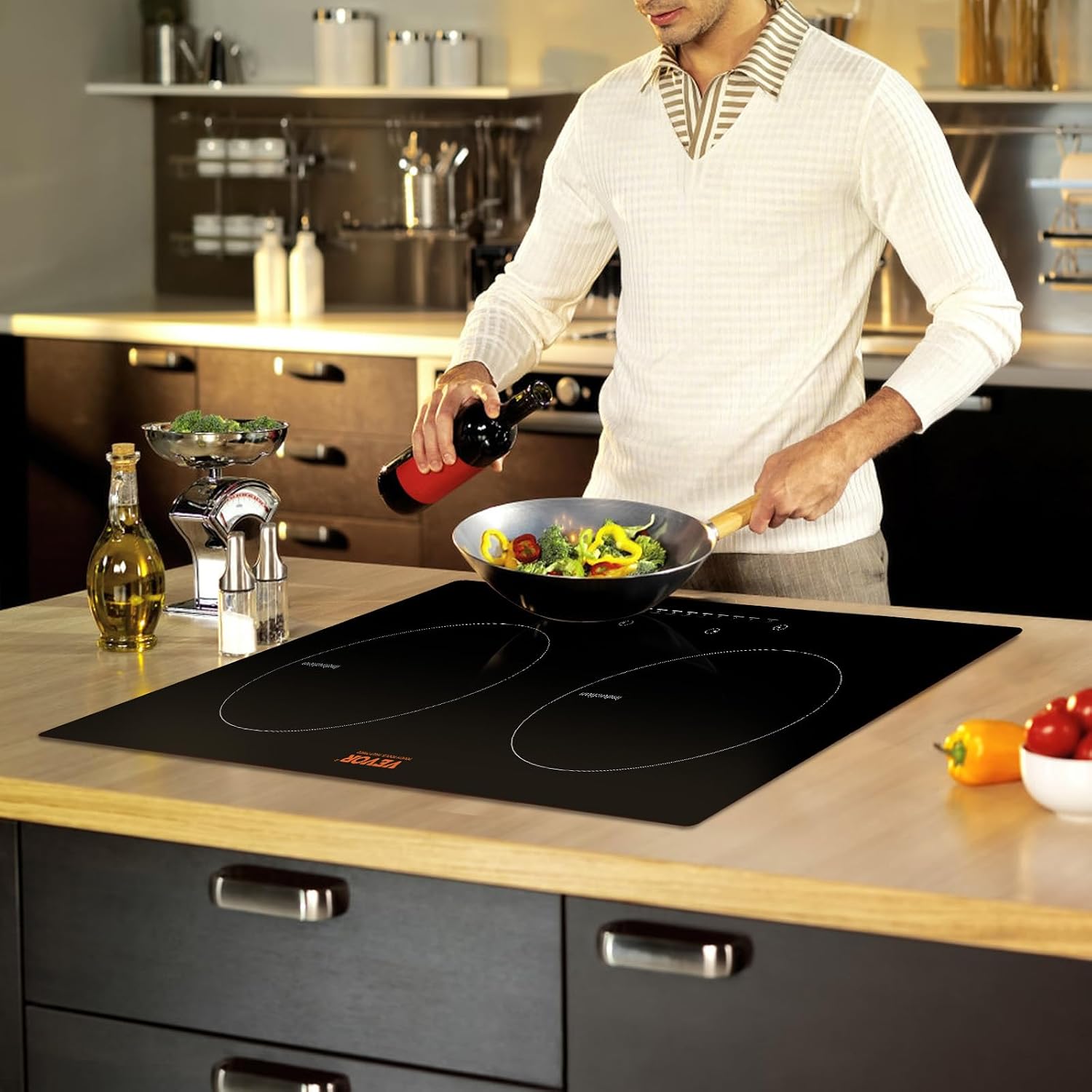 VEVOR Electric Cooktop, 2 Burners, 24'' Induction Stove Top, Built-in Magnetic Cooktop 1800W, 9 Heating Level Multifunctional Burner, LED Touch Screen w/Child Lock & Over-Temperature Protection
