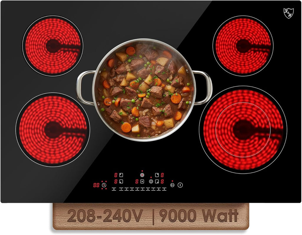 K&H 5 Burner Electric Cooktop - 30 Inch Built-In Radiant Ceramic Stove Top - 9 Power Levels & Touch Control, Compatible with All Cookware, 240V, 9000W High-Power Built-in Electric Stove, CE30-8808NF