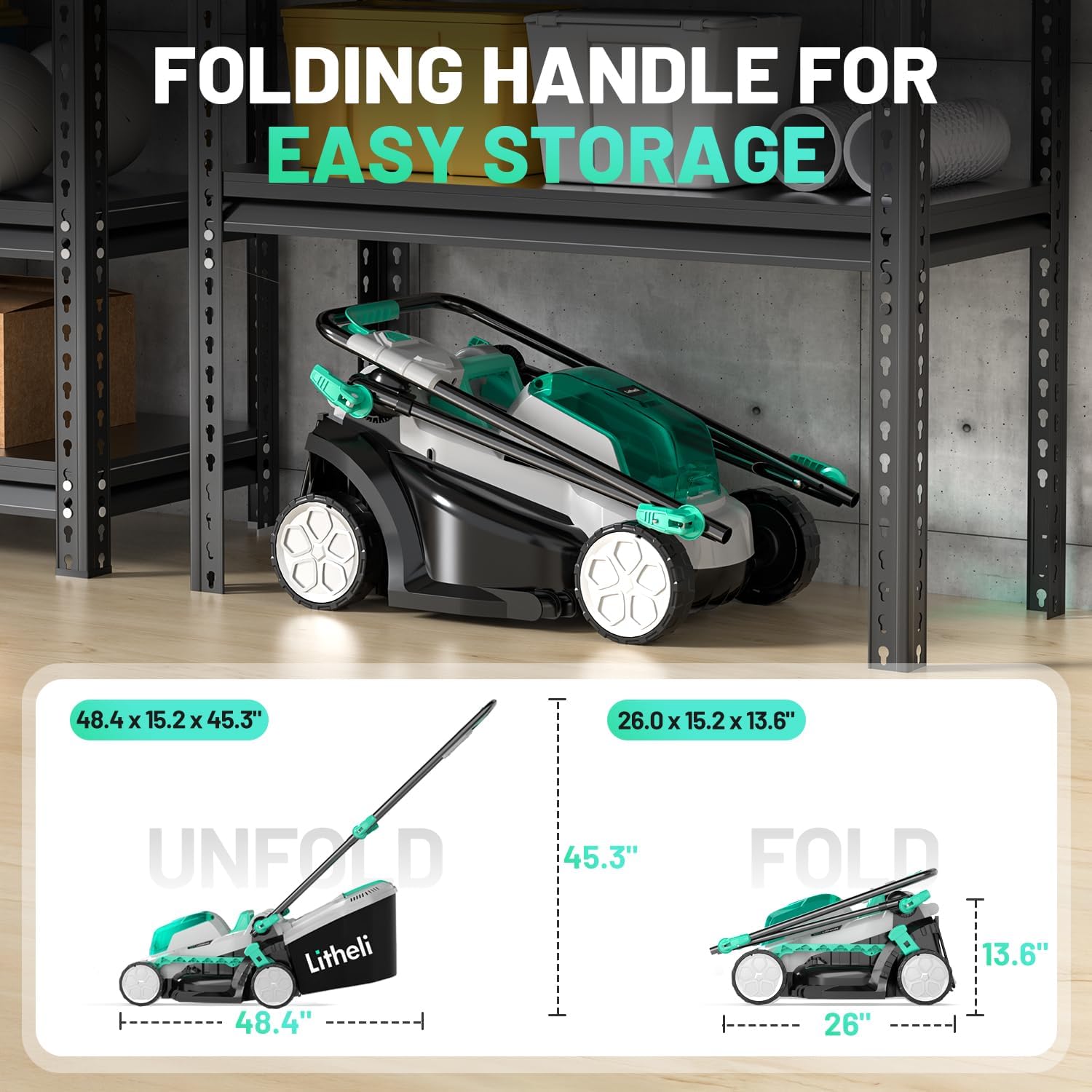 Litheli 20V 13' Cordless Lawn Mower, Electric Lawn Mowers for Garden, Yard and Farm, 5 Heights, with Brushless Motor, 4.0Ah Battery & Charger Included