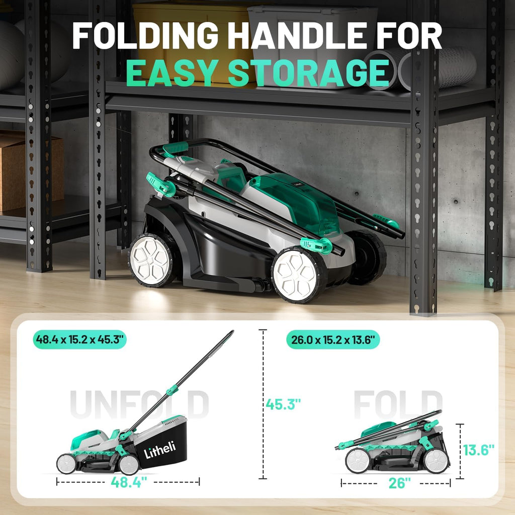 Litheli 13.1inch Electric Lawn Mower Cordless,Grass Cutter Machine for 1600 Sq.Ft.Lawnmower with Brushless Motor, 8 Gallon Capacity, Cutting Height from 1 to 2.5 in, Includes 1X4.0 Ah Battery