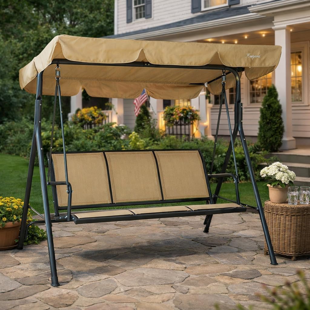 Kozyard 3-Person Outdoor Canopy Porch Swing Chair, Breathable Textilene Armrest Seat, Adjustable Shade, Heavy-Duty Powder-Coated Steel Frame Swing for Patio, Backyard, Poolside & Balcony, Beige