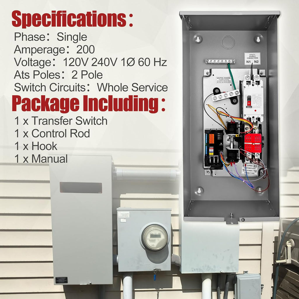 200 Amp Automatic Transfer Switch w/Power Management Replacement for Generac RXSW200A3 Single Phase Transfer Switch NEMA 3R 8-24KW Outdoor Rated Aluminum Enclosure for Indoor and Outdoor Use