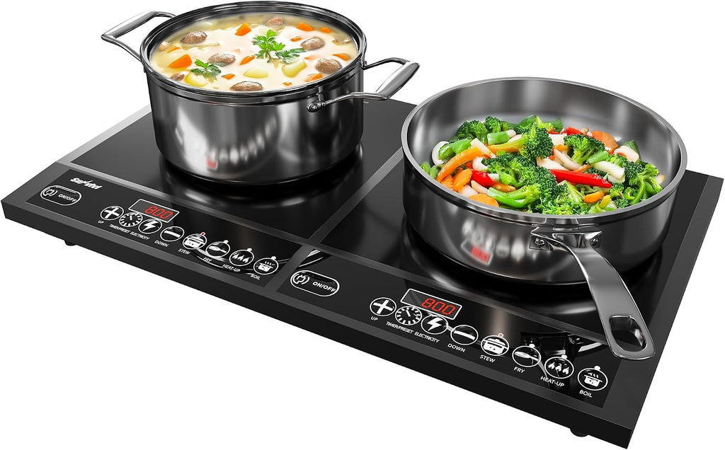 Commercial Double Burner Electric Induction Cooktop, 1000W+800W Dual Induction Hot Plate, 8 Power & 8 Temp Setting, Professional Countertop Burner Stove with Timer, LED Screen, Black
