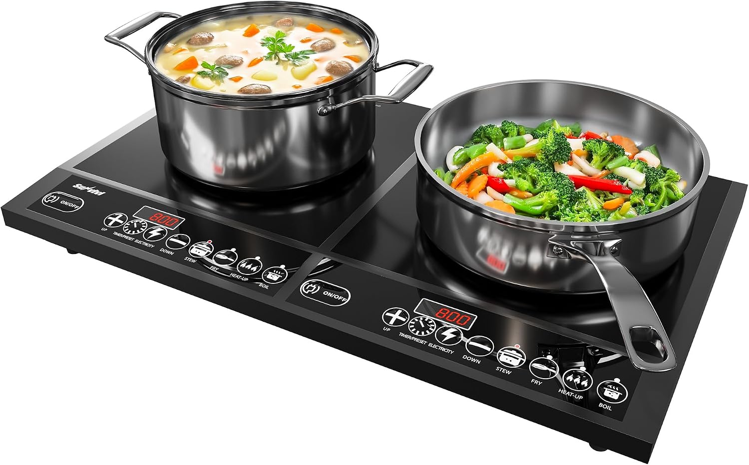 Commercial Double Burner Electric Induction Cooktop, 1000W+800W Dual Induction Hot Plate, 8 Power & 8 Temp Setting, Professional Countertop Burner Stove with Timer, LED Screen, Black