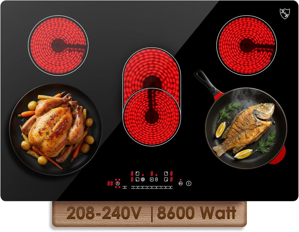K&H 5 Burner Electric Cooktop - 30 Inch Built-In Radiant Ceramic Stove Top - 9 Power Levels & Touch Control, Compatible with All Cookware, 240V, 8600W High-Power Built-in Electric Stove, CE30-8608