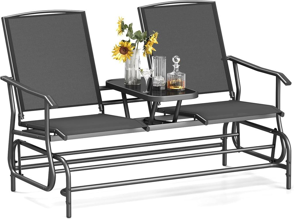 Tangkula 2 Person Swing Glider Chair, Patio Rocking Loveseat w/Center Tempered Glass Table, Outdoor Swing Bench w/Steel Frame & Breathable Mesh Fabric for Porch, Balcony, Poolside (Black)