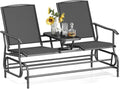 Tangkula 2 Person Swing Glider Chair, Patio Rocking Loveseat w/Center Tempered Glass Table, Outdoor Swing Bench w/Steel Frame & Breathable Mesh Fabric for Porch, Balcony, Poolside (Black)