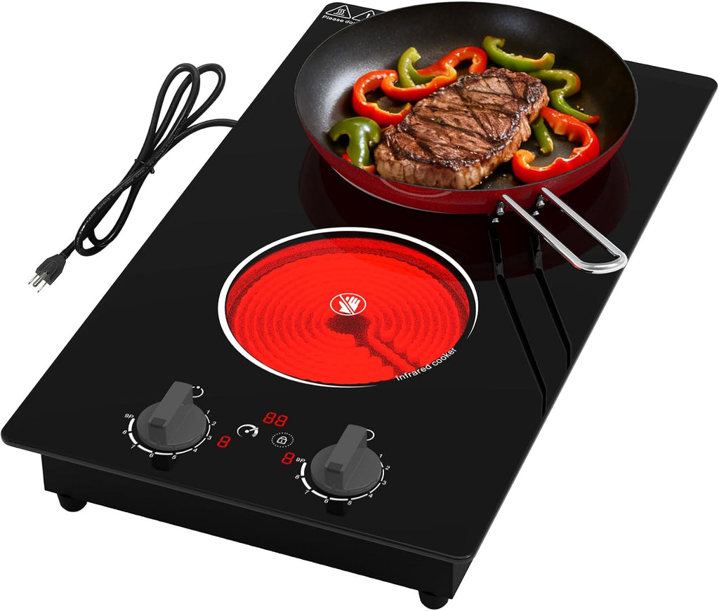 GIHETKUT Electric Cooktop,110V 2100W Stove top,Countertop and Built-in 2 burner cooktop,9-speed power, child safety lock, timer, knob and touch control 2 burner Electric cooktop