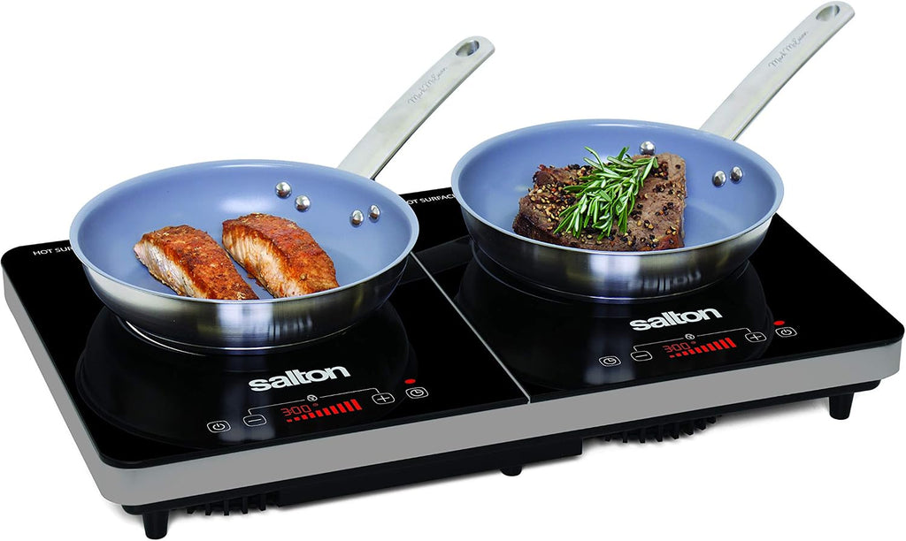 Salton Portable Double Induction Cooktop Cool Touch LED Display Cooker with 10 Power Settings for Precise Control, 1800 Watts (ID1487)