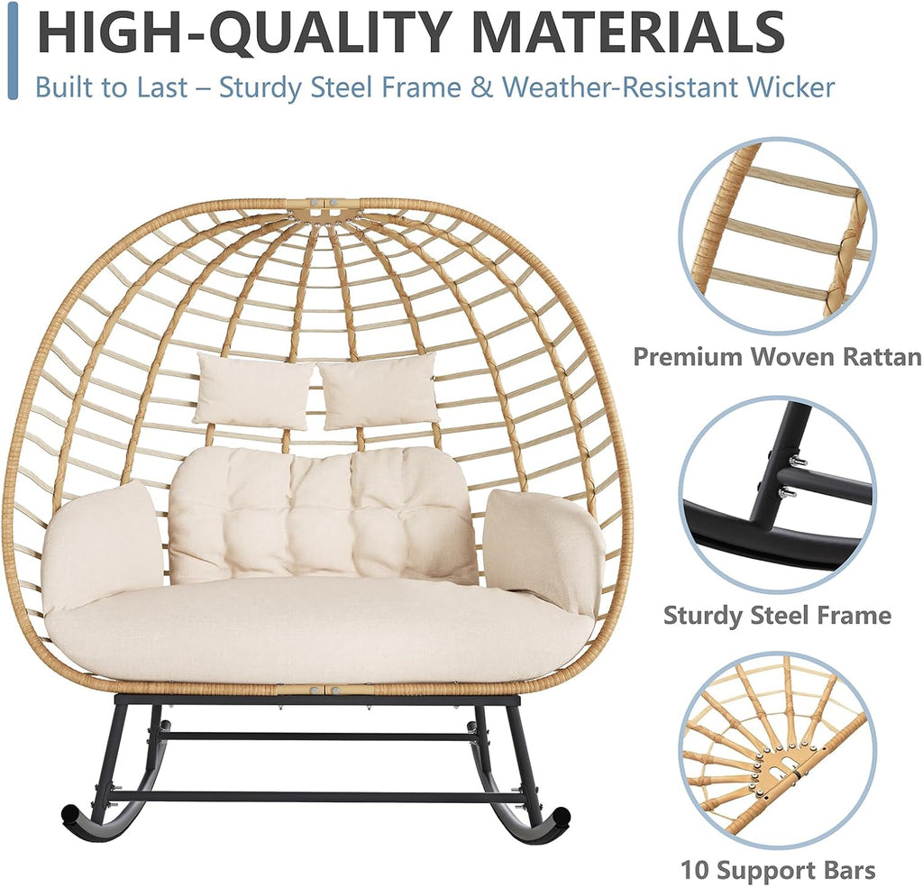 SWITTE Double Wicker Egg Rocking Chair Outdoor, Indoor Egg Swing Loveseat with Thick Cushions, Oversized 2-Person Patio Lounge Chair, 680 LBS Capacity for Balcony, Backyard, Porch-Beige