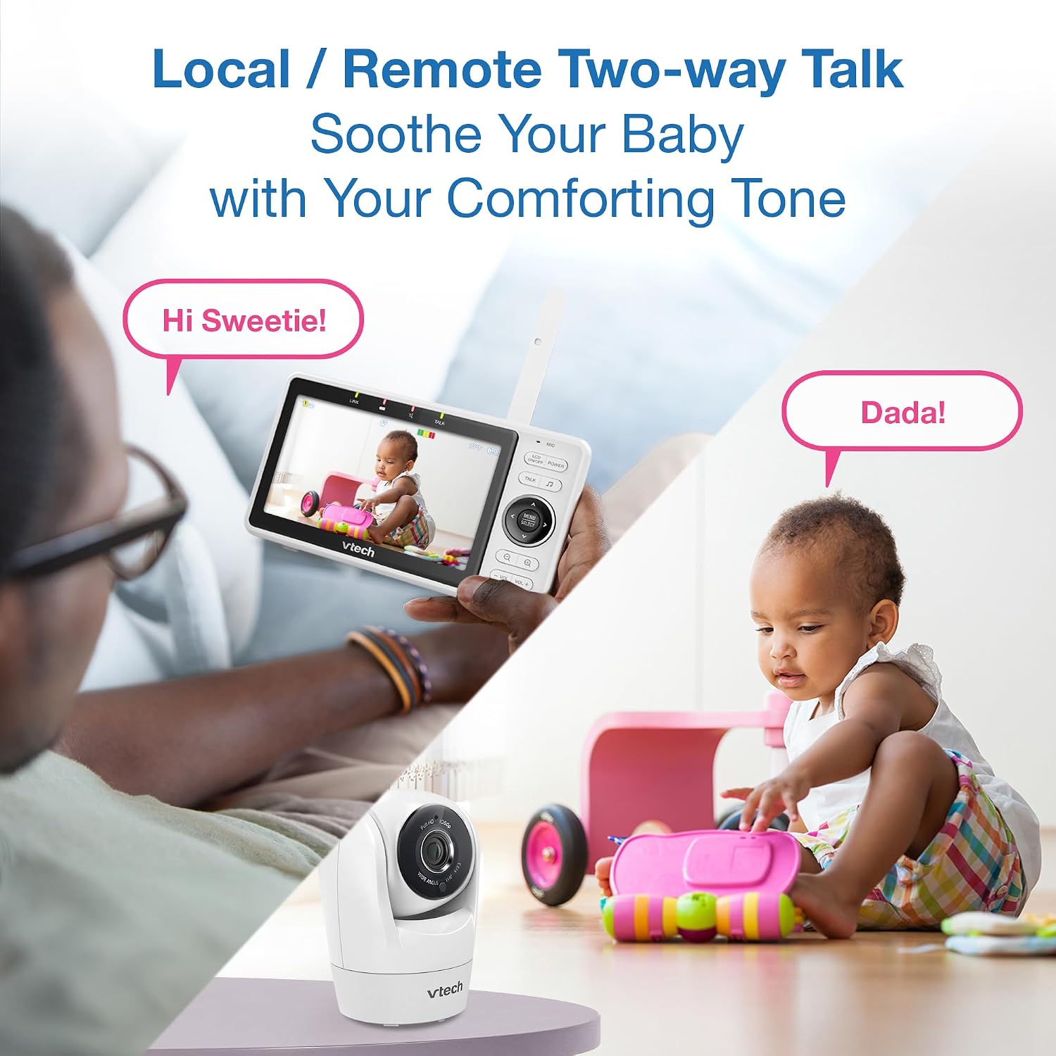 VTech 2-Cameras Smart WiFi Baby Monitor with 1080p FHD Camera and 5' HD IPS Screen, Free App with Motion Video, Sound/Motion Detection and Notifications, Split-Screen, Pan-Tilt-Zoom: VM901-2HD