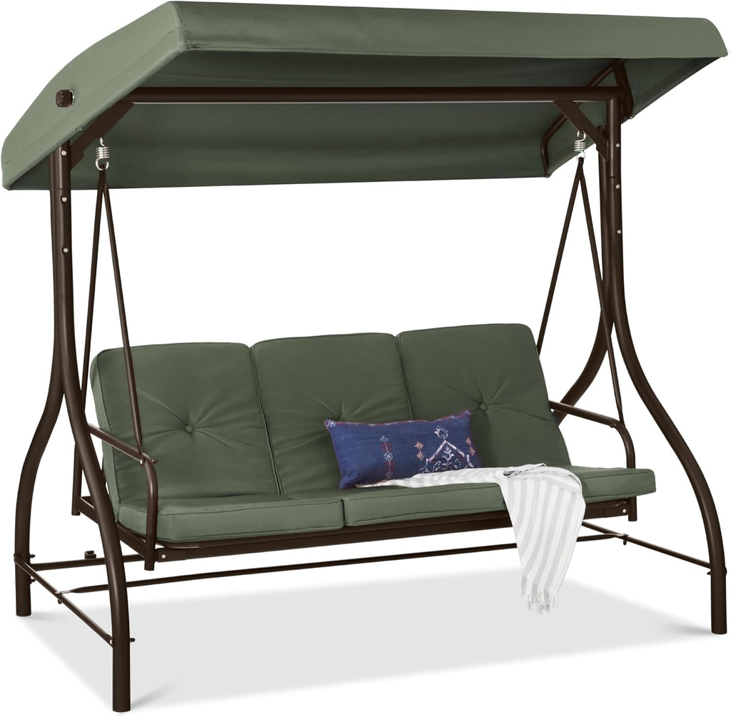 Best Choice Products 3-Seat Outdoor Large Converting Canopy Swing Glider, Patio Hammock Lounge Chair for Porch, Backyard w/Flatbed, Adjustable Shade, Removable Cushions - Midnight Green