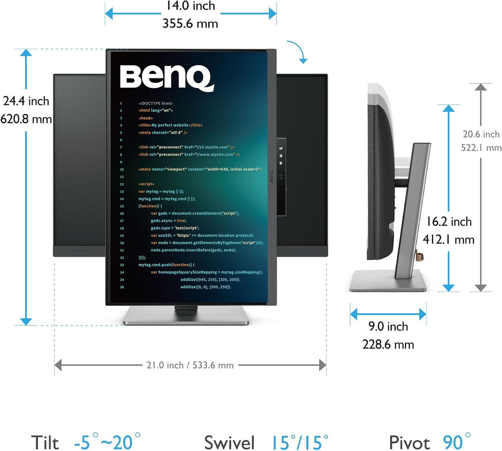 BenQ RD240Q 24.1' WQXGA Programming Monitor, 90W USB Type-C, Advanced Coding Modes, Coding HotKey, Ergonomic Design, 16:10 Special Ratio, Circadian Mode, Eye-Care Technology, Eco-Friendly Design