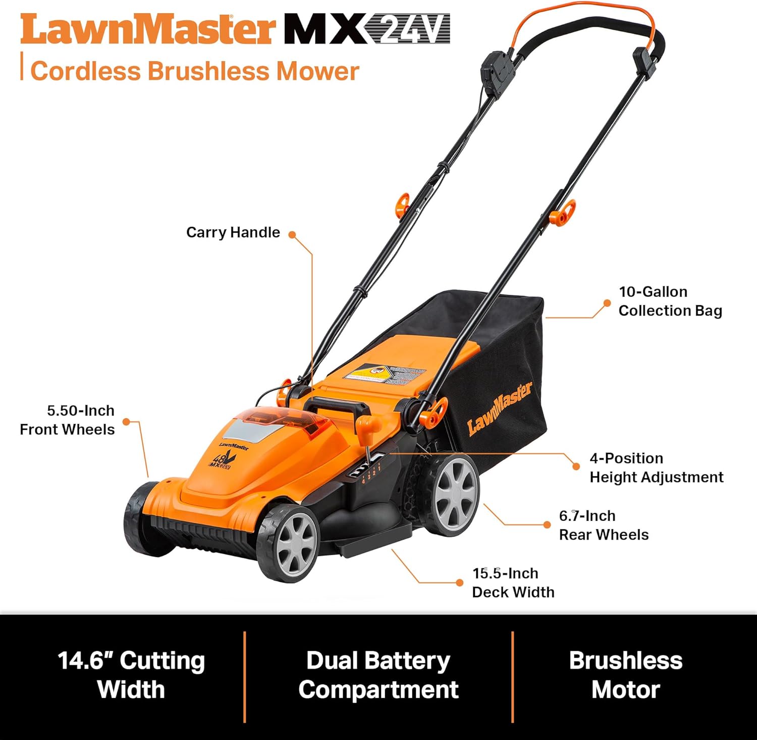 LawnMaster CLMF4815E 48V MAX 15-inch Brushless Cordless Lawn Mower with 2X24V MAX 4.0Ah Battery and a Dual Charger