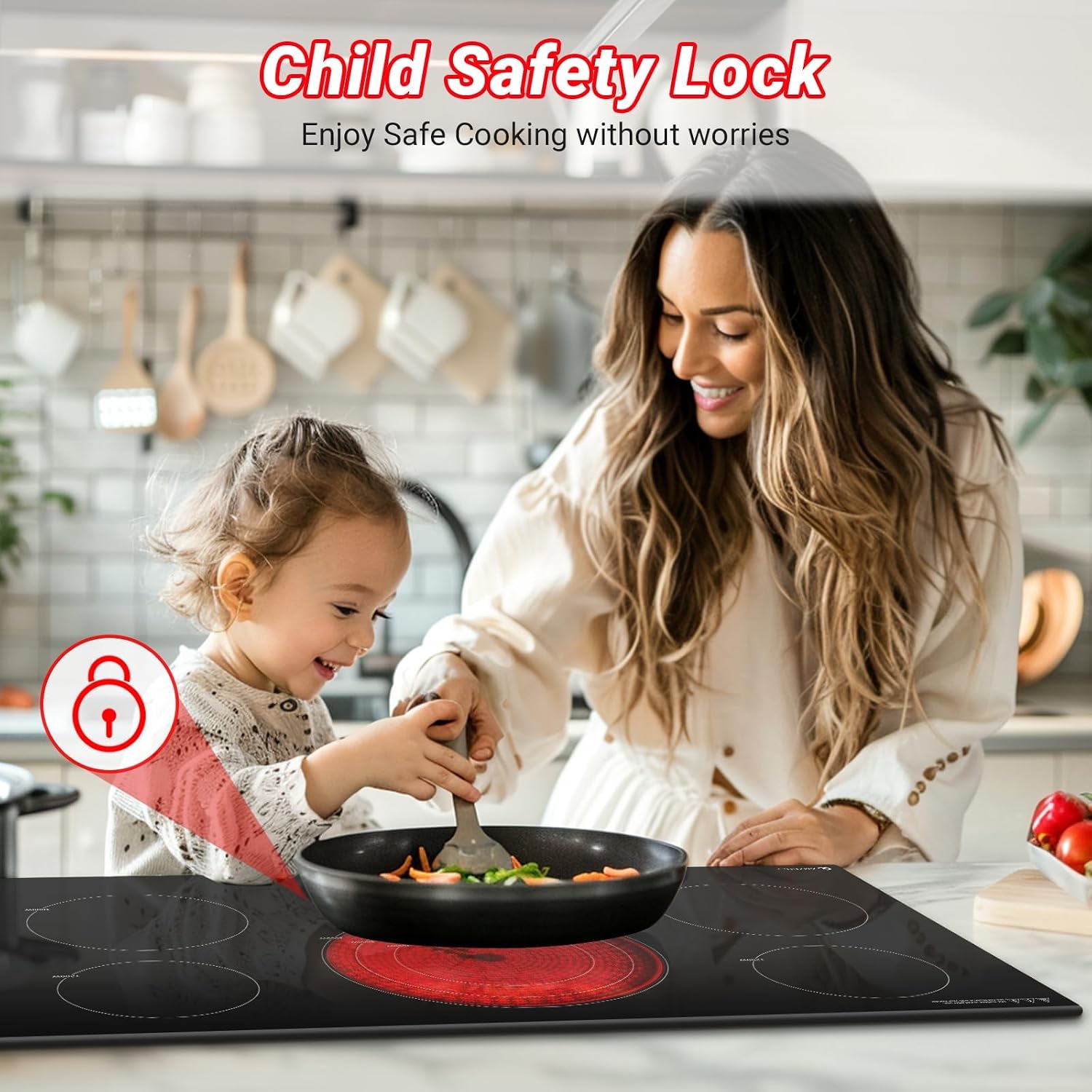 AMZCHEF Electric Cooktop 36 Inch,5 Burners Built-in Electric Stove Top,Max 9000W Ceramic Glass Countertop with Touch Control,9 Heating Level,Max 3000W Triple Zone,Safety Lock