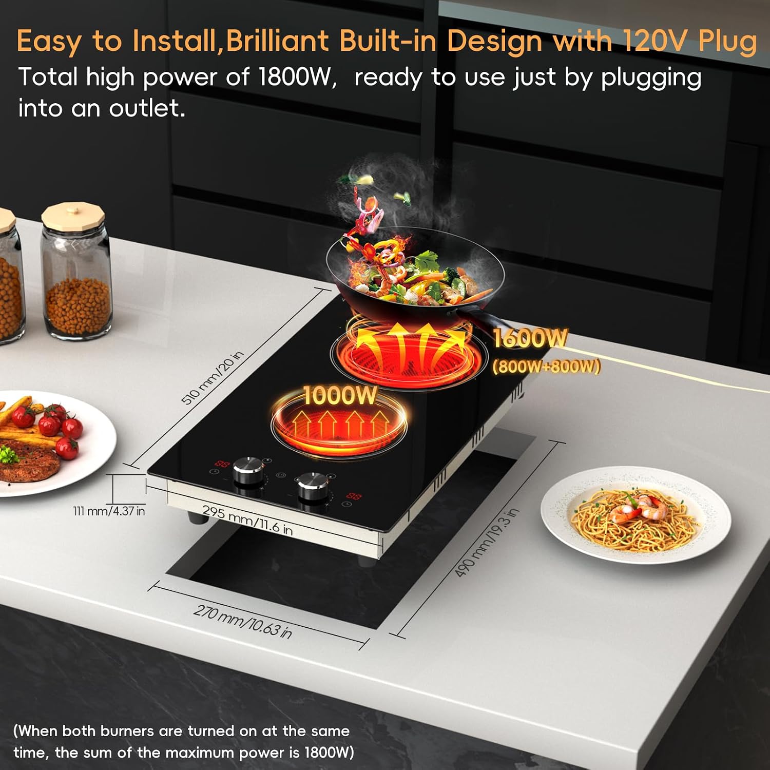 2 Burner Electric Cooktop 120V, 1800W Radiant Electric Stove Top with Countertop & Built-in Design, 12 inch Knob Control Ceramic Cooktop with Safety Lock, 9 Level Power, 99 Min Timer - Plug in