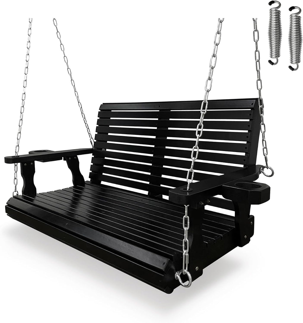 Wooden Porch Swing 2-Seater, High Backrest and Deep Seat, Bench Swing with Cupholders, Hanging Chains and 7mm Springs, Heavy Duty 880 LBS, for Outdoor Patio Garden (Carbon Black - 4 FT Extra Large)