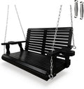 Wooden Porch Swing 2-Seater, High Backrest and Deep Seat, Bench Swing with Cupholders, Hanging Chains and 7mm Springs, Heavy Duty 880 LBS, for Outdoor Patio Garden (Carbon Black - 4 FT Extra Large)