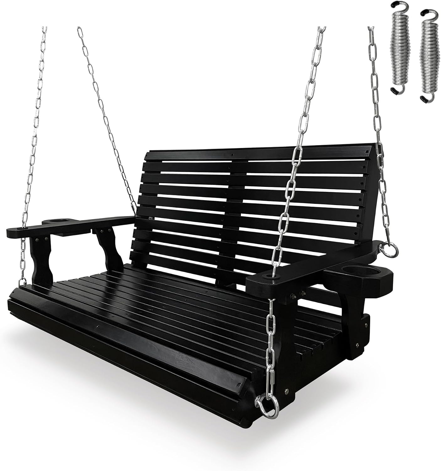 Wooden Porch Swing 2-Seater, High Backrest and Deep Seat, Bench Swing with Cupholders, Hanging Chains and 7mm Springs, Heavy Duty 880 LBS, for Outdoor Patio Garden (Carbon Black - 4 FT Extra Large)