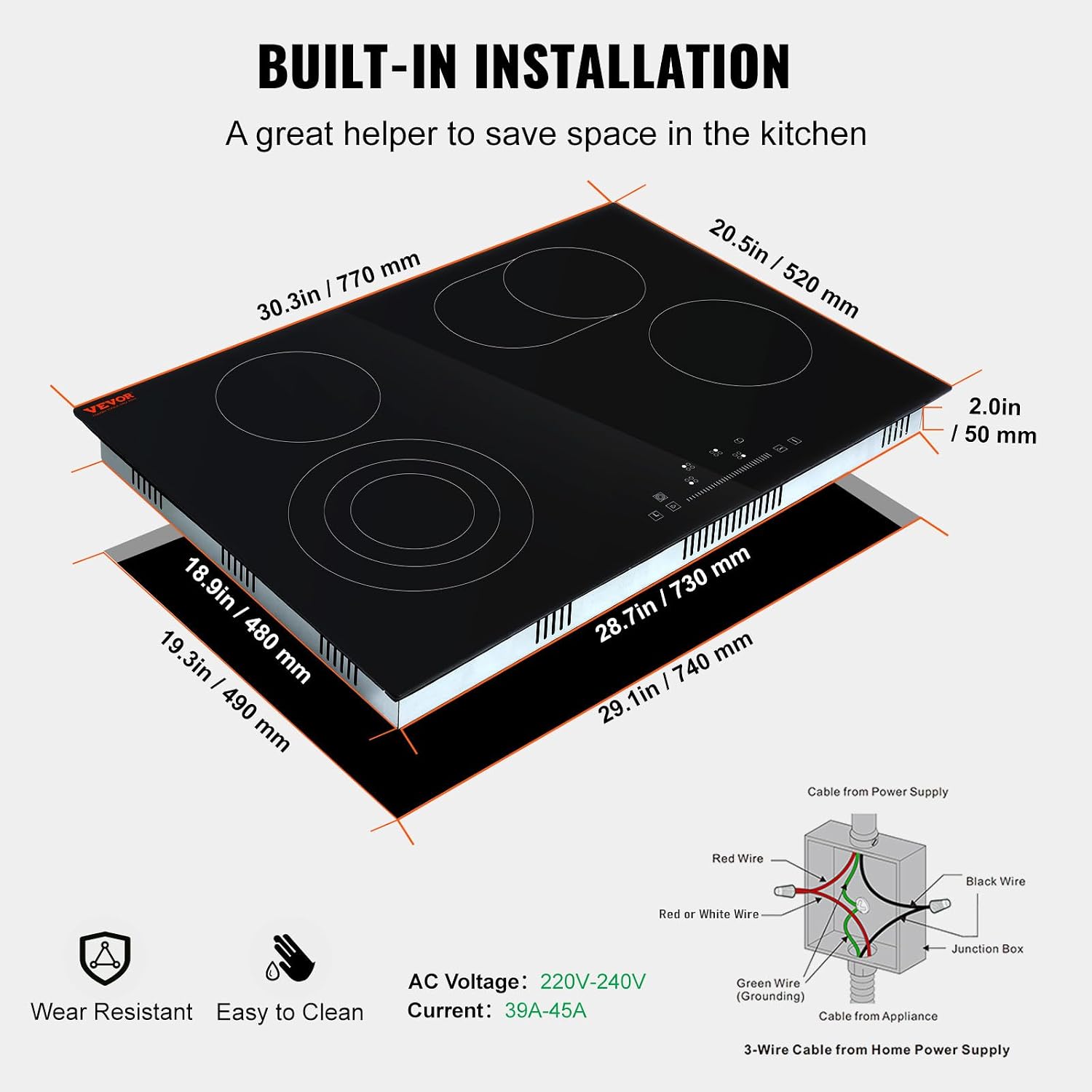 VEVOR Electric Stove Top 30inch 4 Burners Electric Cooktop,9 Power Levels & Sensor Touch Control,Easy to Clean Ceramic Glass Surface,Child Safety Lock,240V
